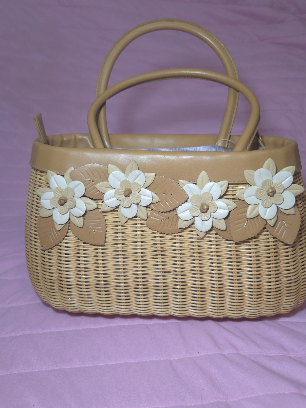 Liz Claiborne Tan Rattan Tote with Cream Flower Appliqués